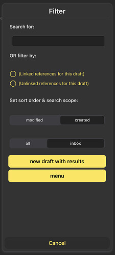 image of newly refined menu, with three strong headings to organise prompt elements, and two buttons allowing you to either produce a menu or a new draft with results